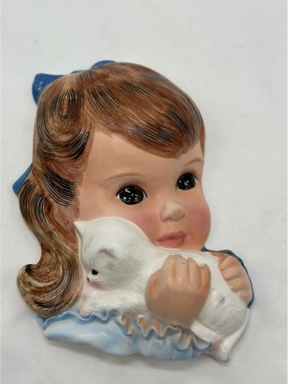 Vintage Ceramic Northern Tissue Girl & Kitten Wall Plaque Hanging Decor